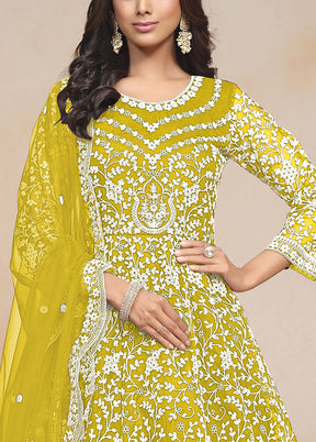 3 Pc Lime Green Semi Stitched Net Suit Set