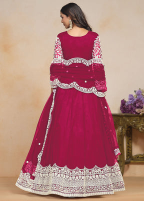 3 Pc Pink Semi Stitched Net Suit Set