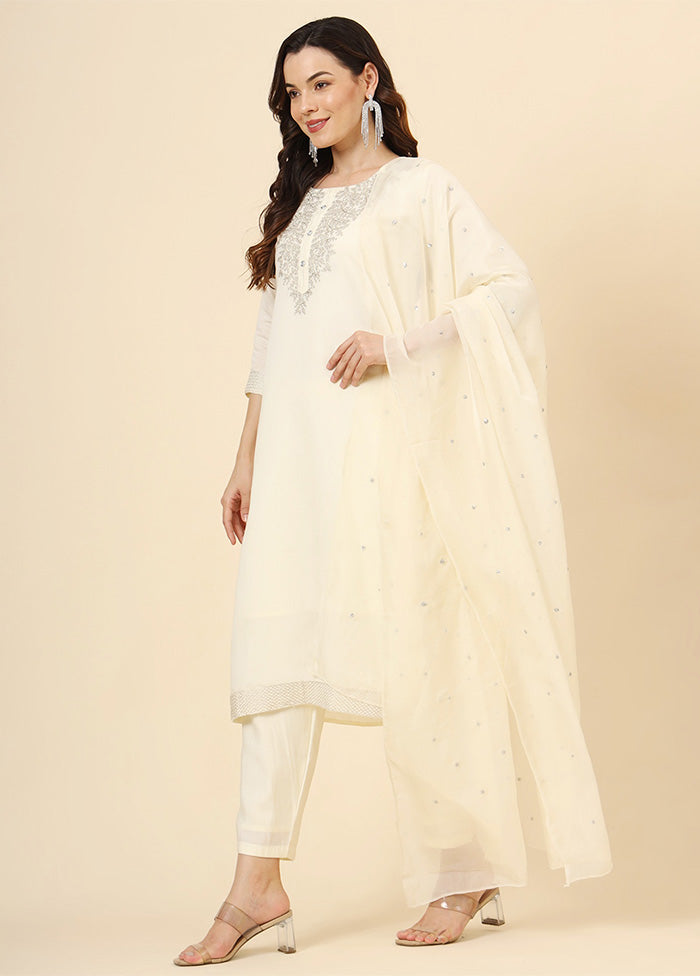 3 Pc Cream Readymade Silk Suit Set