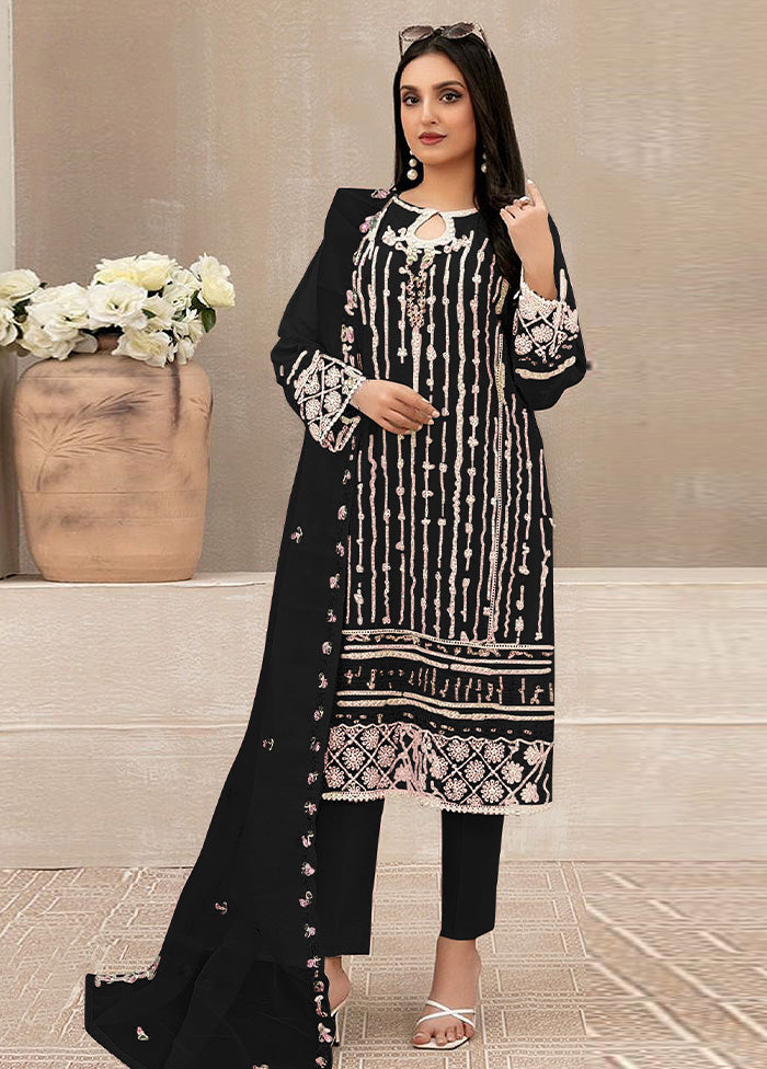 3 Pc Black Semi Stitched Georgette Suit Set