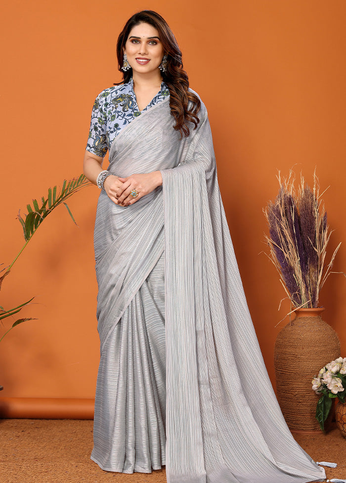 Grey Spun Silk Saree With Blouse Piece