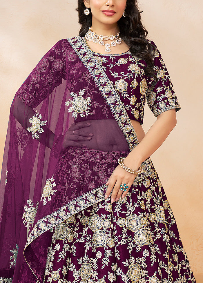 3 Pc Purple Silk Semi Stitched Lehenga Set