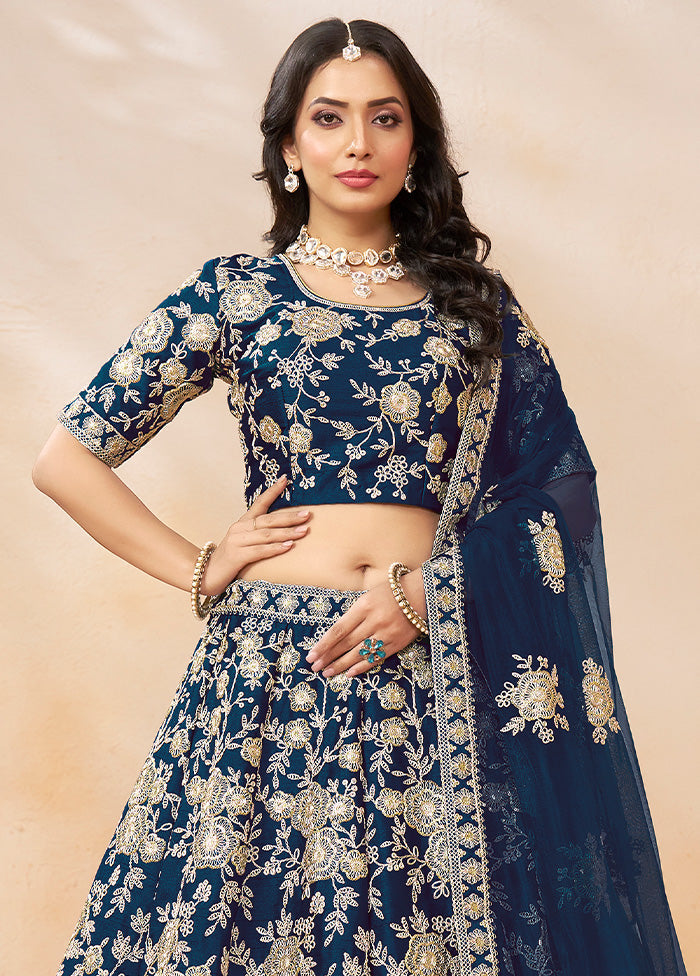 3 Pc Blue Silk Semi Stitched Lehenga Set