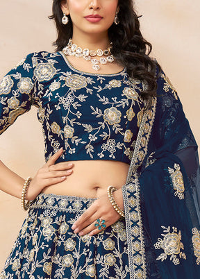 3 Pc Blue Silk Semi Stitched Lehenga Set