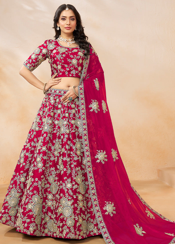 3 Pc Pink Silk Semi Stitched Lehenga Set