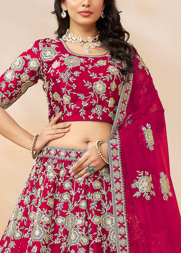 3 Pc Pink Silk Semi Stitched Lehenga Set