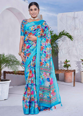 Sky Blue Linen Silk Saree With Blouse Piece