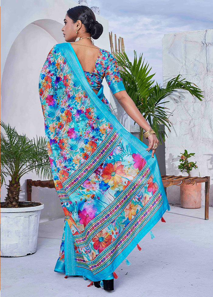 Sky Blue Linen Silk Saree With Blouse Piece