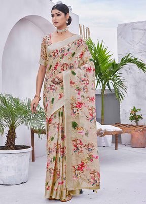 Cream Linen Silk Saree With Blouse Piece