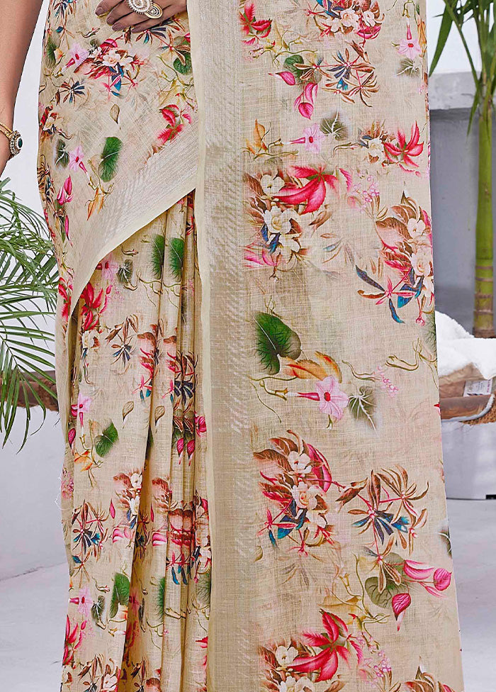 Cream Linen Silk Saree With Blouse Piece