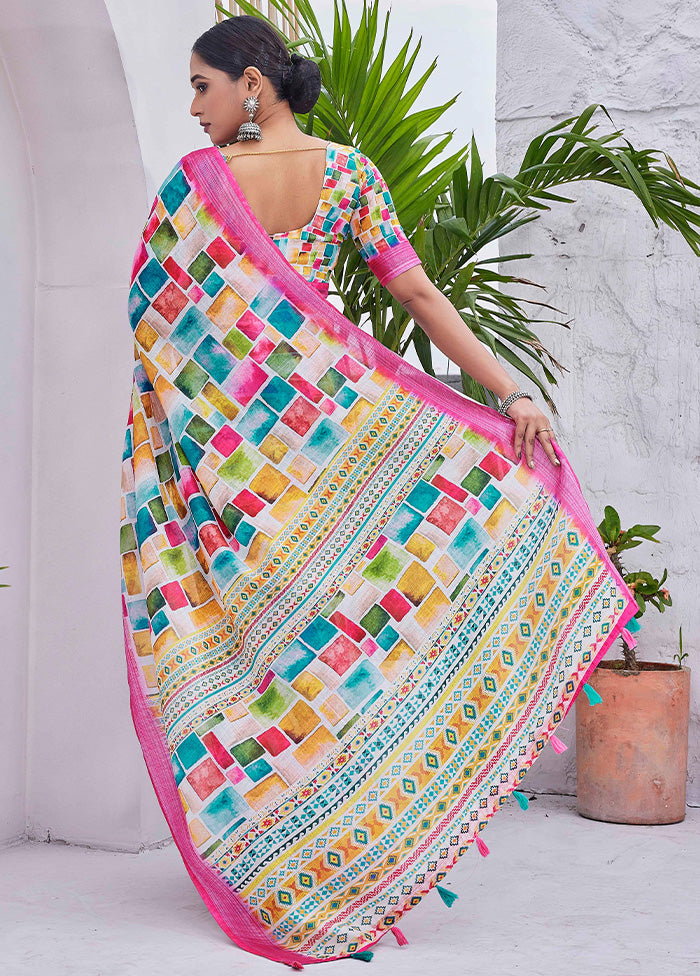 Multicolor Linen Silk Saree With Blouse Piece