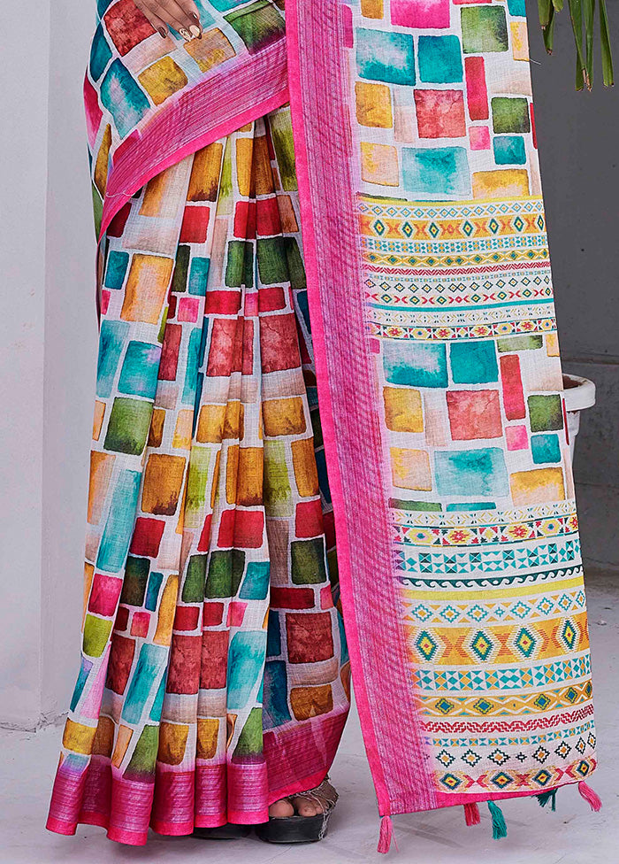 Multicolor Linen Silk Saree With Blouse Piece