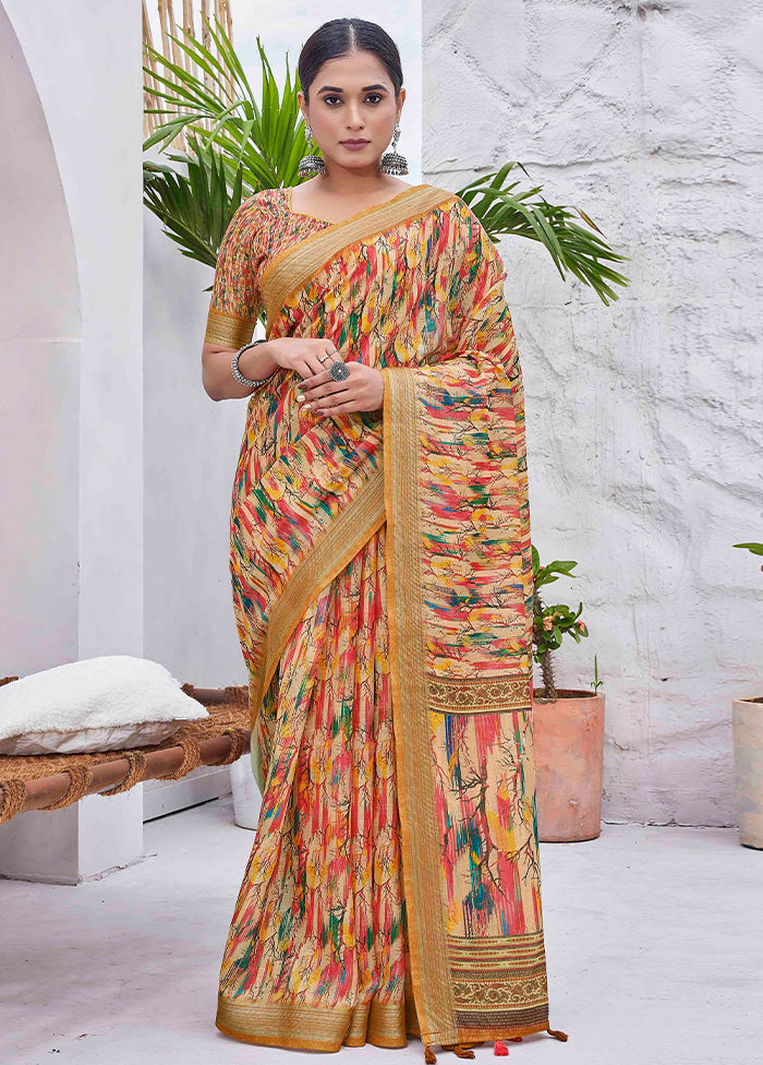 Multicolor Linen Silk Saree With Blouse Piece