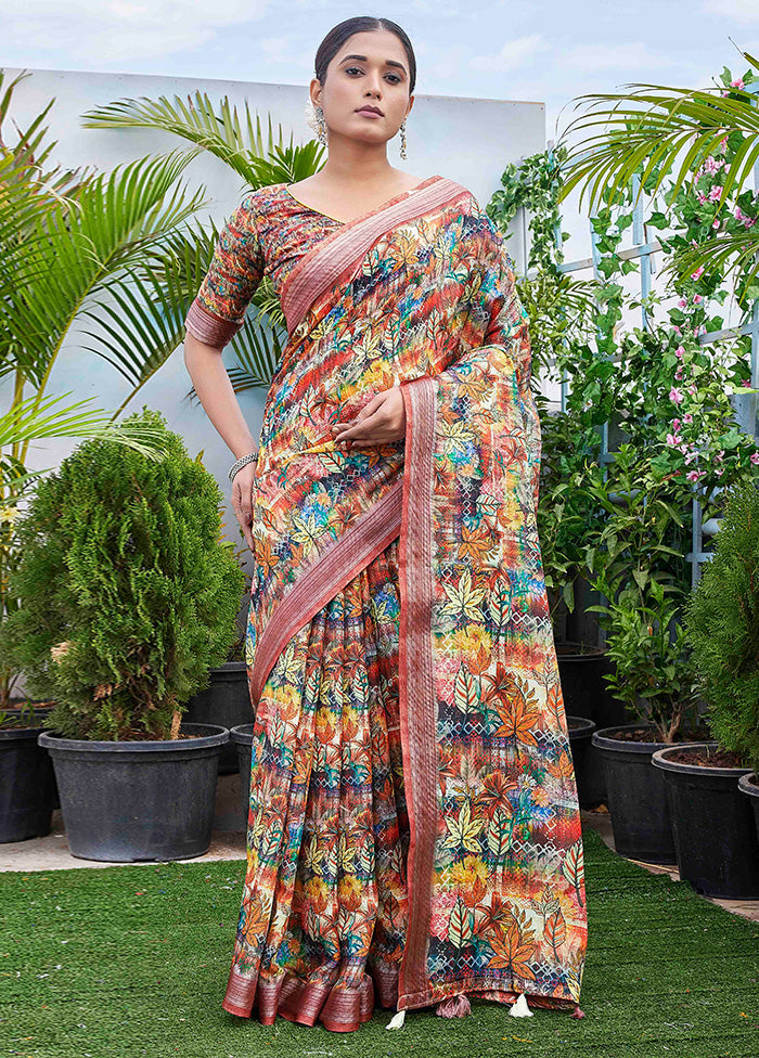 Multicolor Linen Silk Saree With Blouse Piece