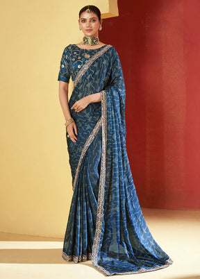 Blue Chiffon Silk Saree With Blouse Piece