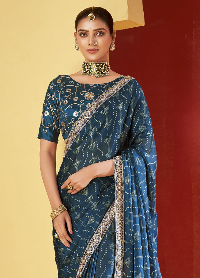 Blue Chiffon Silk Saree With Blouse Piece