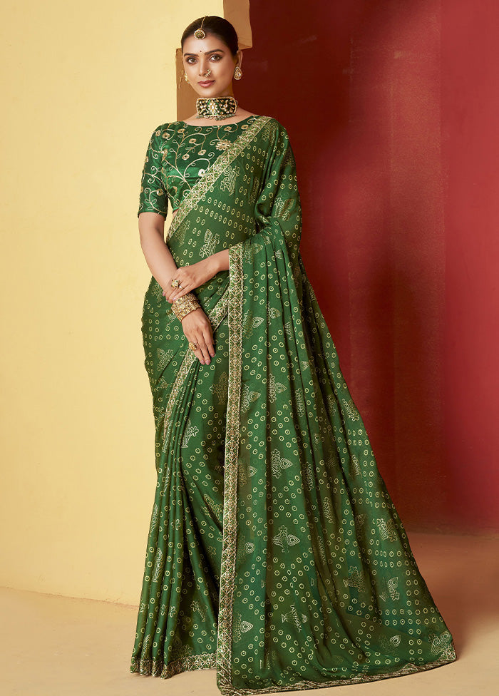 Pine Green Chiffon Silk Saree With Blouse Piece