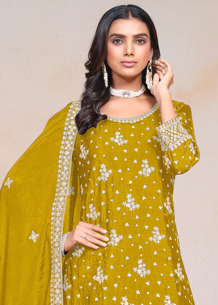 3 Pc Yellow Semi Stitched Silk Suit Set