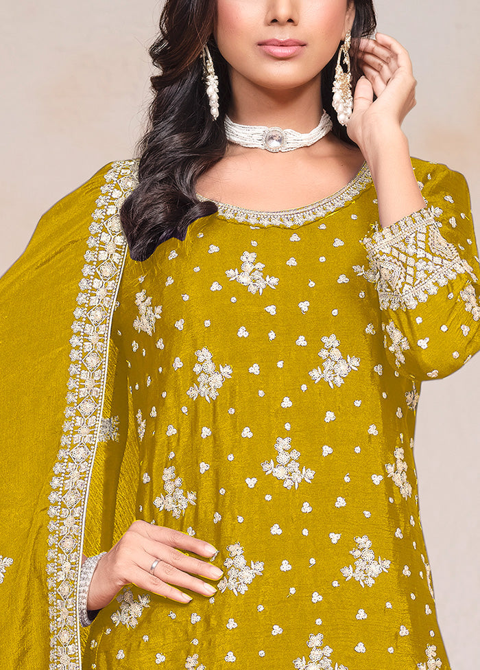 3 Pc Yellow Semi Stitched Silk Suit Set