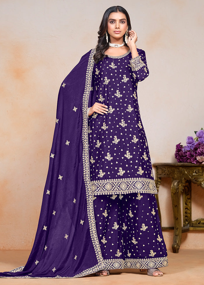 3 Pc Purple Semi Stitched Silk Suit Set