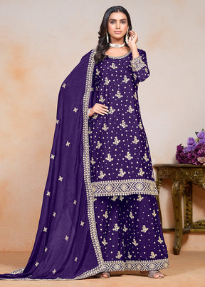 3 Pc Purple Semi Stitched Silk Suit Set