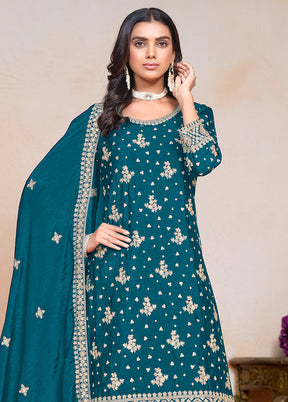 3 Pc Teal Semi Stitched Silk Suit Set