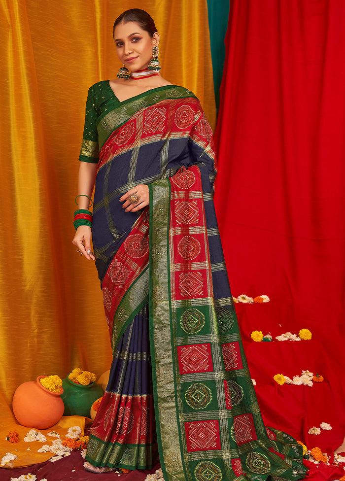 Navy Blue Tussar Silk Saree With Blouse Piece