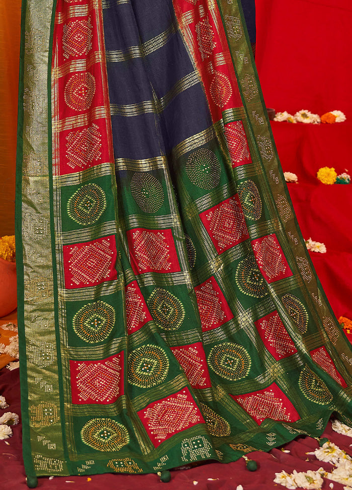 Navy Blue Tussar Silk Saree With Blouse Piece