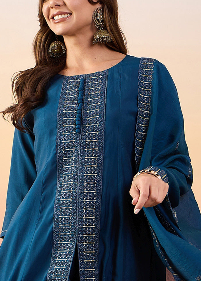 3 Pc Blue Pure Readymade Silk Suit Set