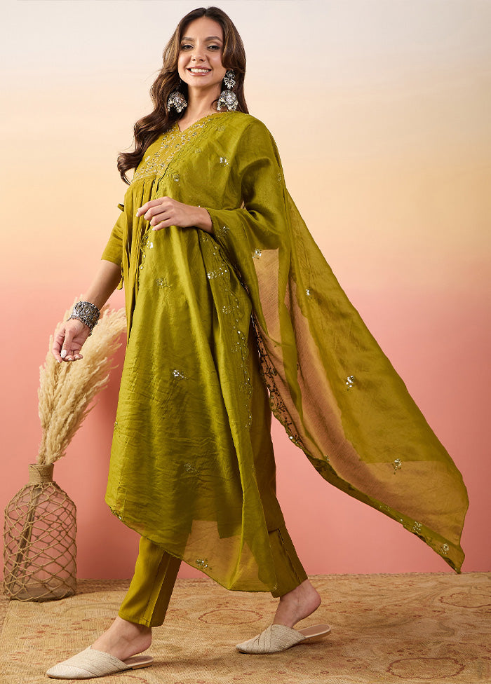 3 Pc Mustard Pure Readymade Silk Suit Set