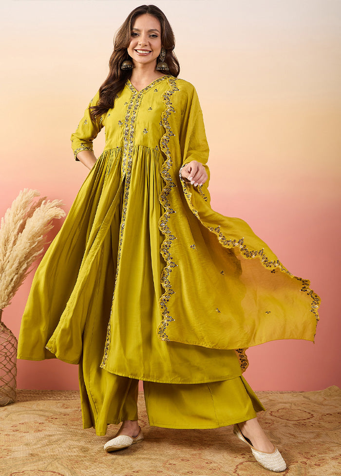 3 Pc Yellow Pure Readymade Silk Suit Set