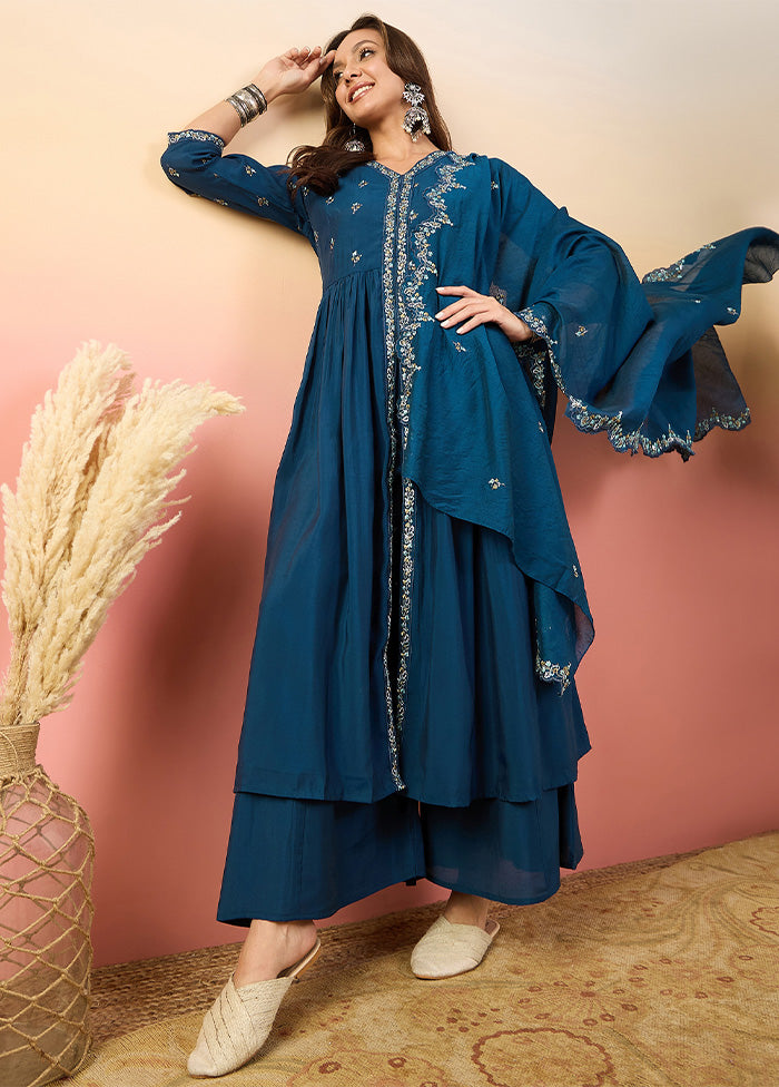 3 Pc Blue Pure Readymade Silk Suit Set