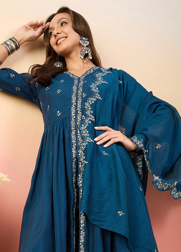 3 Pc Blue Pure Readymade Silk Suit Set