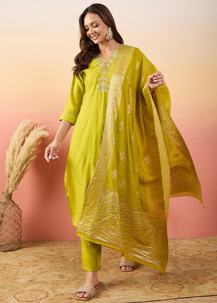 3 Pc Yellow Pure Readymade Silk Suit Set