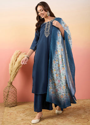 3 Pc Blue Pure Readymade Silk Suit Set