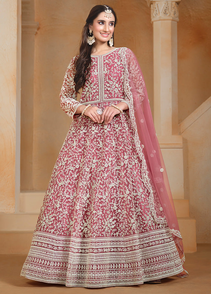 3 Pc Pink Semi Stitched Net Suit Set