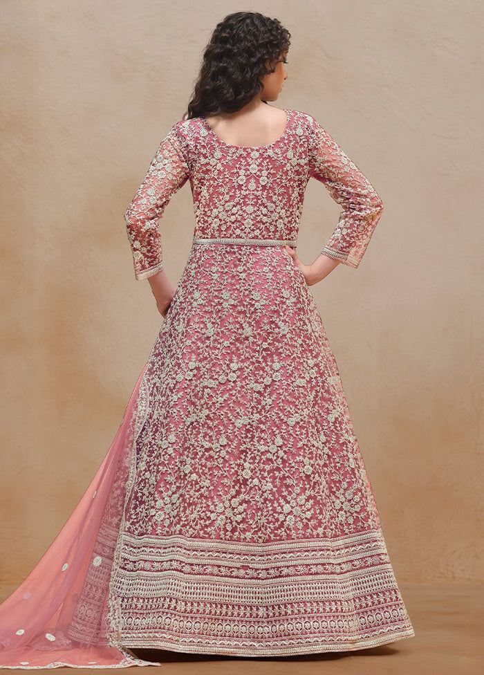 3 Pc Pink Semi Stitched Net Suit Set