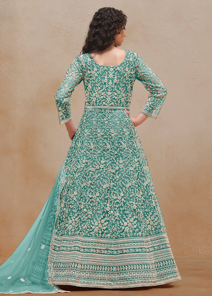 3 Pc Sea Green Semi Stitched Net Suit Set