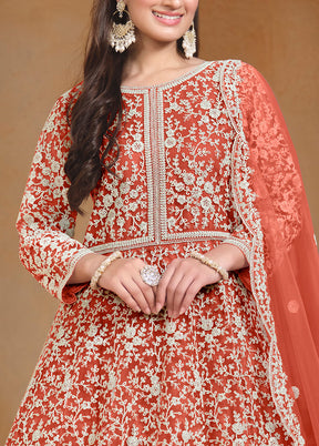 3 Pc Orange Semi Stitched Net Suit Set