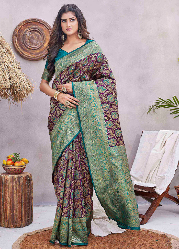 Purple Baluchari Silk Saree With Blouse Piece