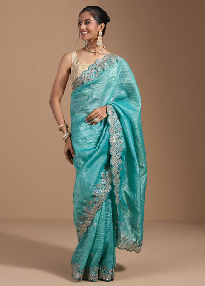 Teal Spun Silk Saree With Blouse Piece