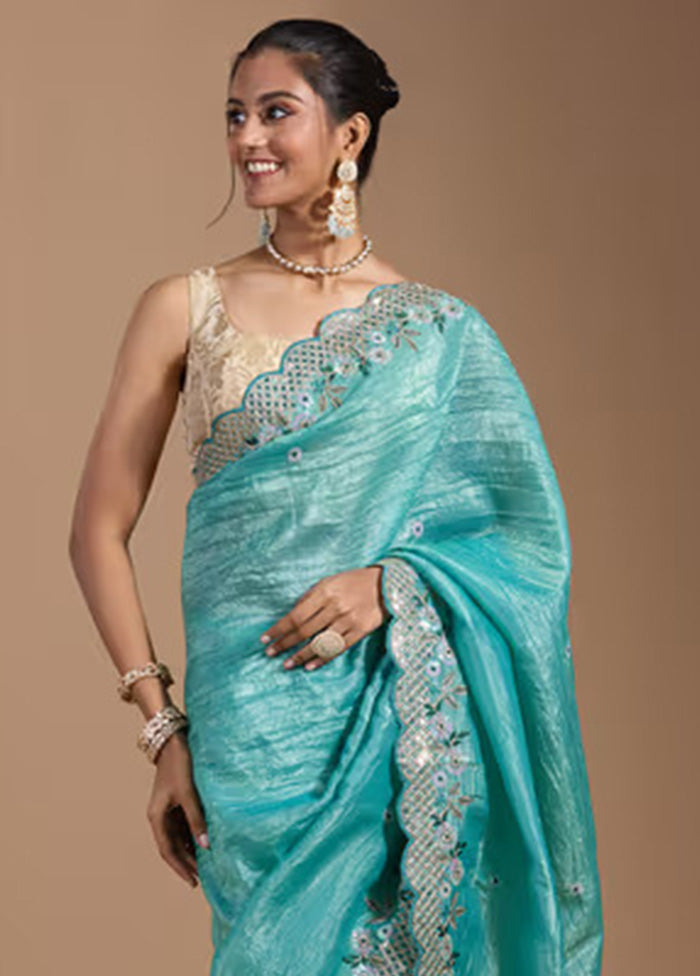 Teal Spun Silk Saree With Blouse Piece