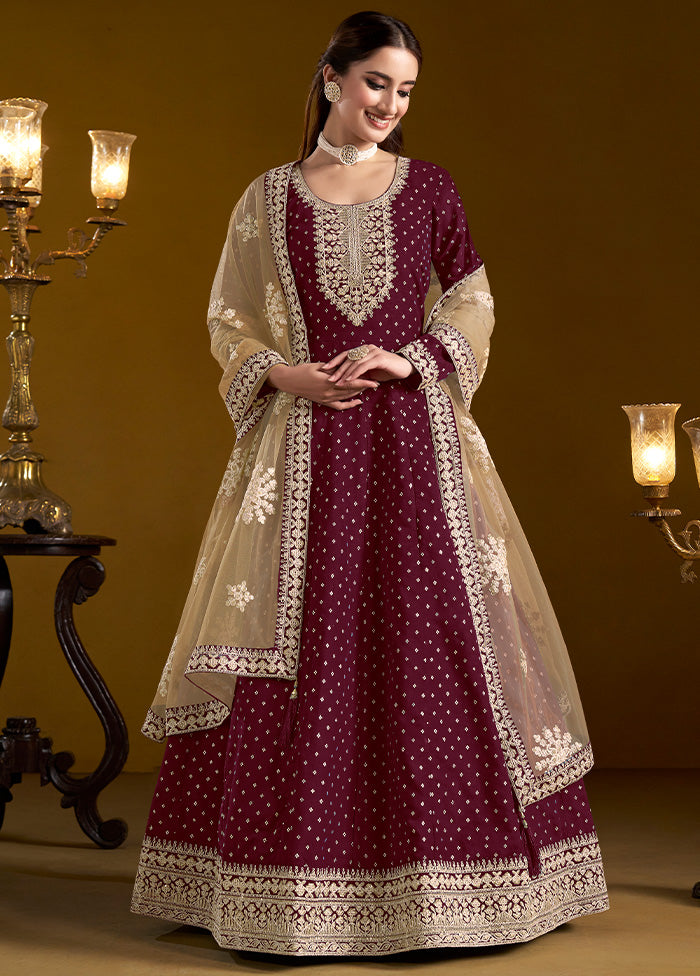 3 Pc Wine Semi Stitched Chanderi Suit Set