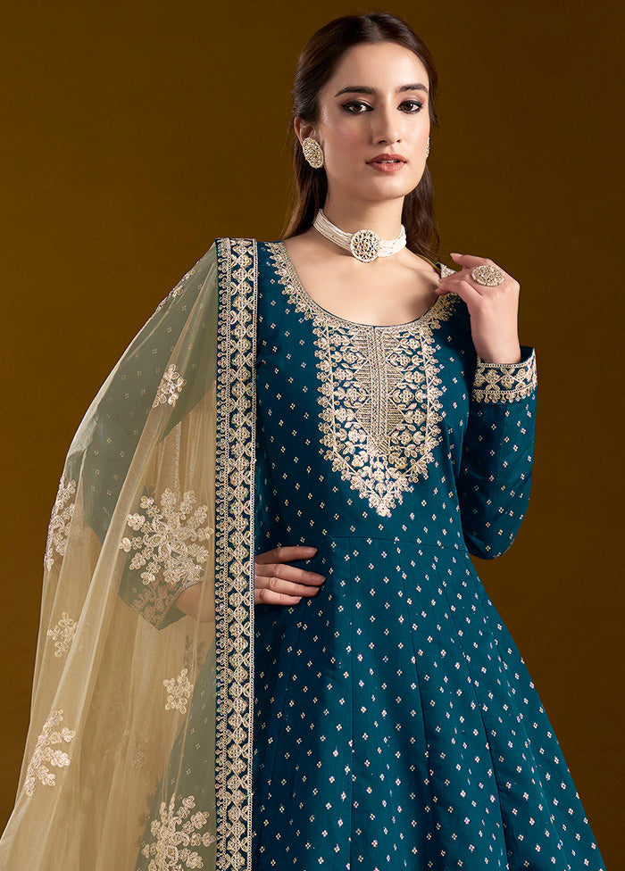 3 Pc Teal Semi Stitched Chanderi Suit Set