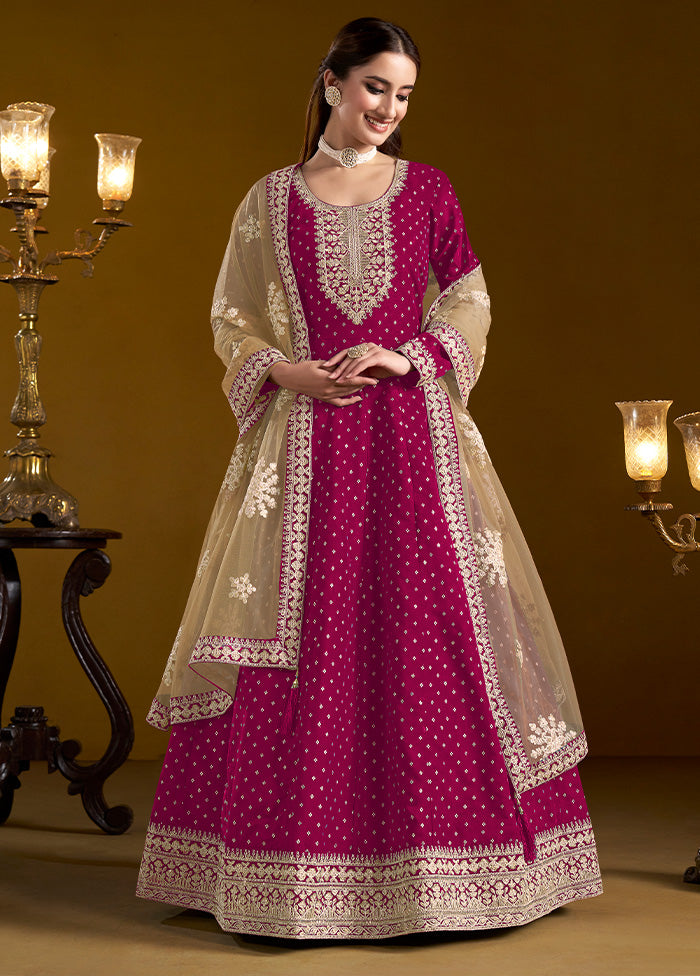 3 Pc Pink Semi Stitched Chanderi Suit Set