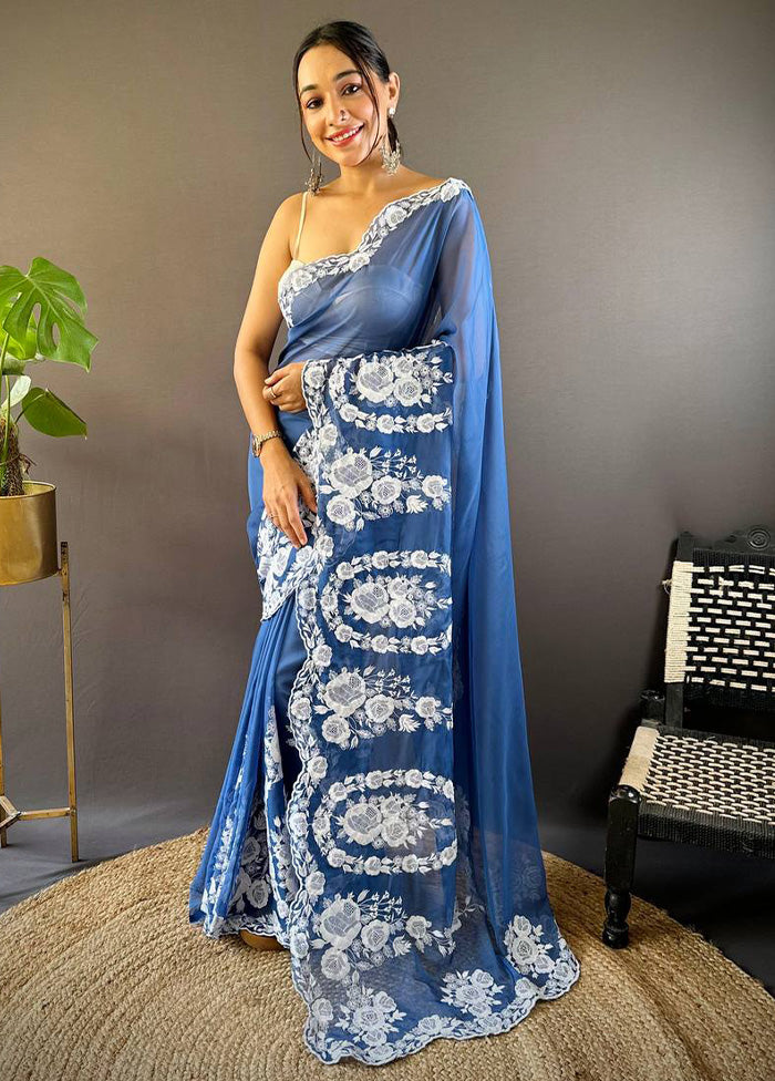 Blue Organza Saree With Blouse Piece