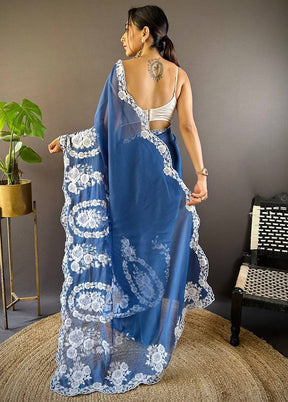 Blue Organza Saree With Blouse Piece