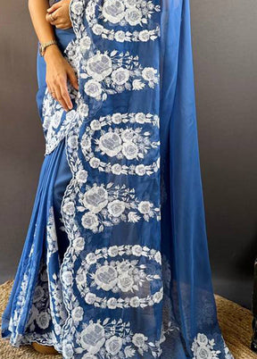 Blue Organza Saree With Blouse Piece