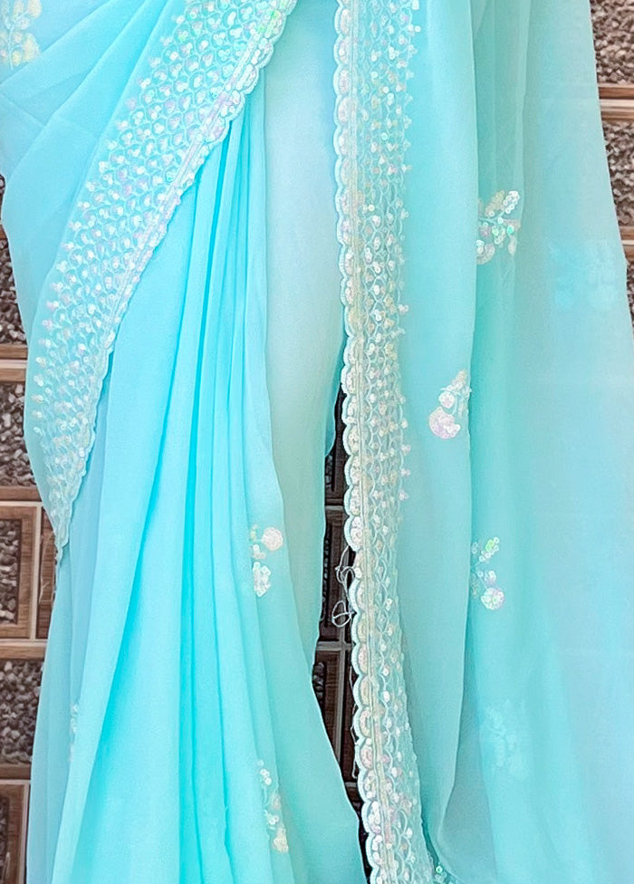 Sky Blue Georgette Saree With Blouse Piece