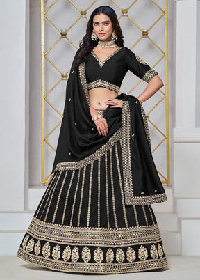 3 Pc Black Silk Semi Stitched Lehenga Set